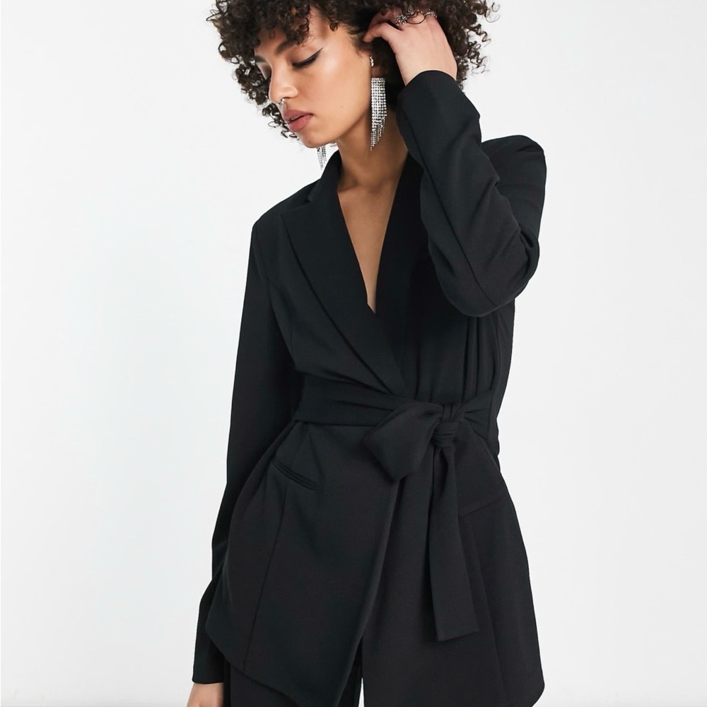 ASOS DESIGN Tall jersey belted suit blazer in black